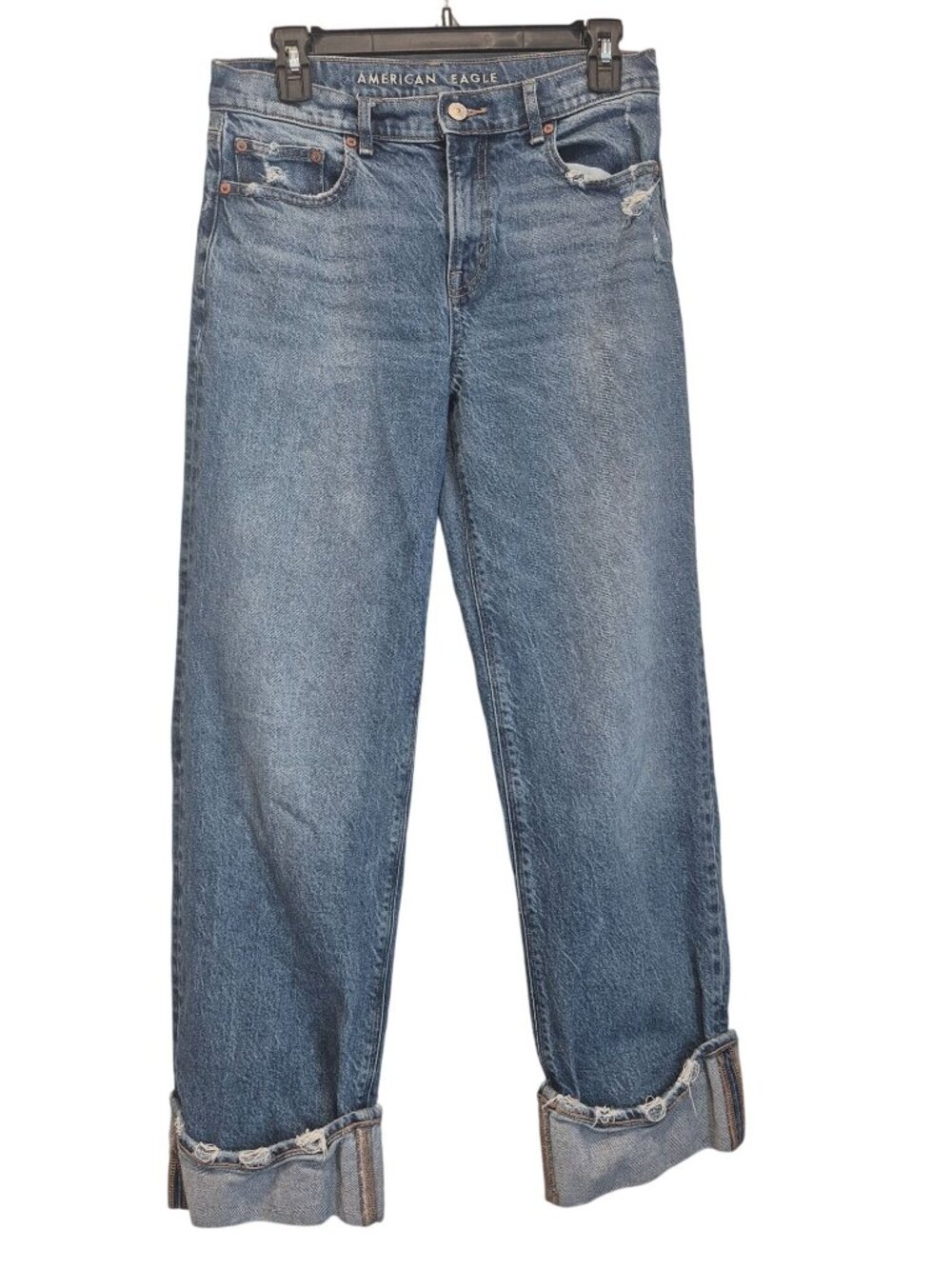 American Eagle Stovepipe Straight-Leg Jeans Blue Denim Cuffed Stretch Womens 4